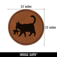 Yule Cat Taking Child Christmas Round Iron-On Engraved Faux Leather Patch Applique - 2.5"