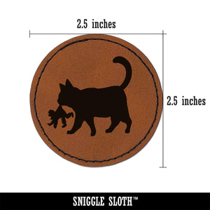 Yule Cat Taking Child Christmas Round Iron-On Engraved Faux Leather Patch Applique - 2.5"