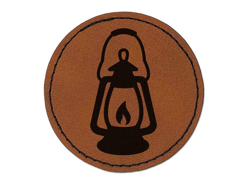 Camping Lantern Round Iron-On Engraved Faux Leather Patch Applique - 2.5"