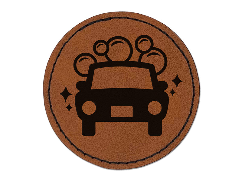 Car Wash Round Iron-On Engraved Faux Leather Patch Applique - 2.5"