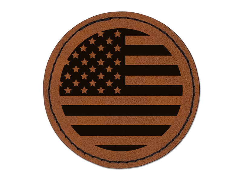 Circle USA Flag United States of America Round Iron-On Engraved Faux Leather Patch Applique - 2.5"