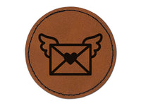 Envelope with Wings Heart Letter Mail Round Iron-On Engraved Faux Leather Patch Applique - 2.5"