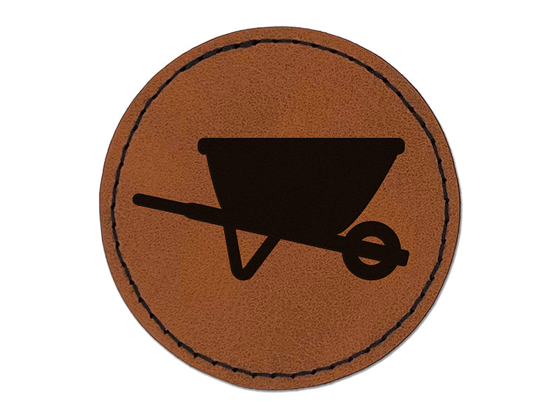 Gardening Wheelbarrow Round Iron-On Engraved Faux Leather Patch Applique - 2.5"