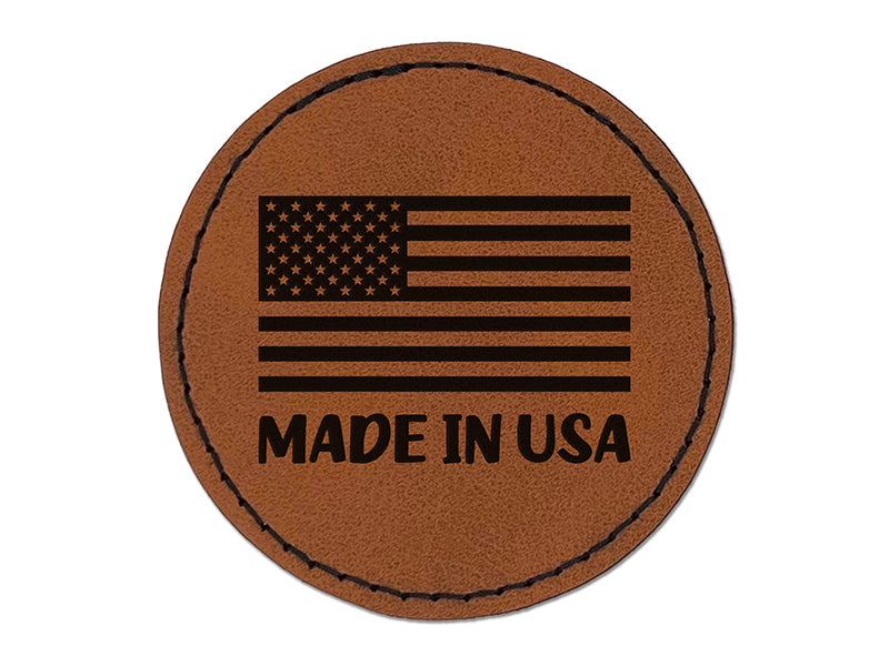 Made in USA America Flag Round Iron-On Engraved Faux Leather Patch Applique - 2.5"