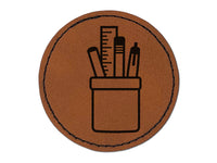 Office School Pen Pencil Holder Round Iron-On Engraved Faux Leather Patch Applique - 2.5"