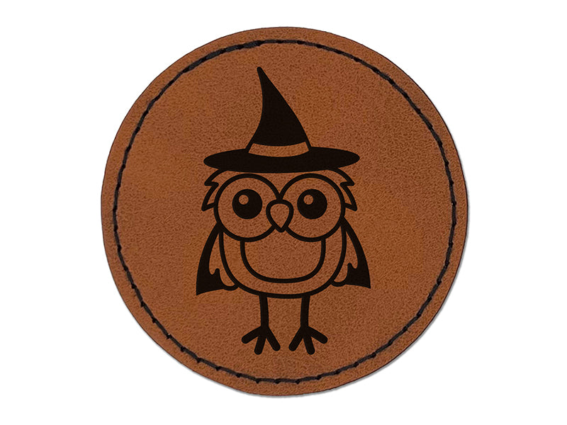 Owl With Witch Hat Cape Halloween Round Iron-On Engraved Faux Leather Patch Applique - 2.5"