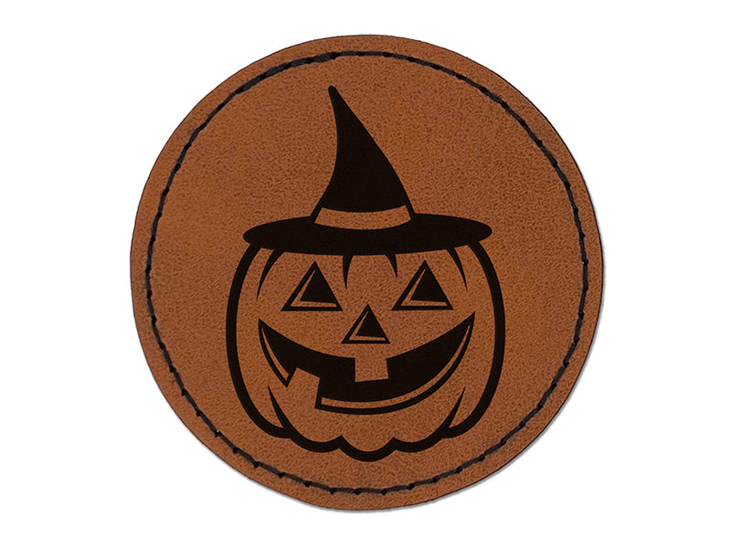 Pumpkin with Witch Jack-O'-Lantern Hat Halloween Round Iron-On Engraved Faux Leather Patch Applique - 2.5"