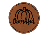 Thankful Pumpkin Thanksgiving Autumn Round Iron-On Engraved Faux Leather Patch Applique - 2.5"