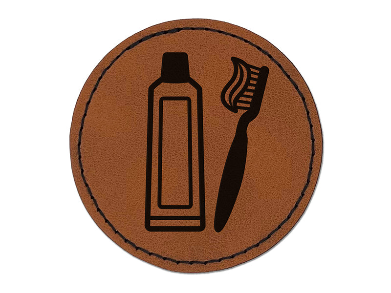 Toothbrush and Toothpaste Dentist Round Iron-On Engraved Faux Leather Patch Applique - 2.5"