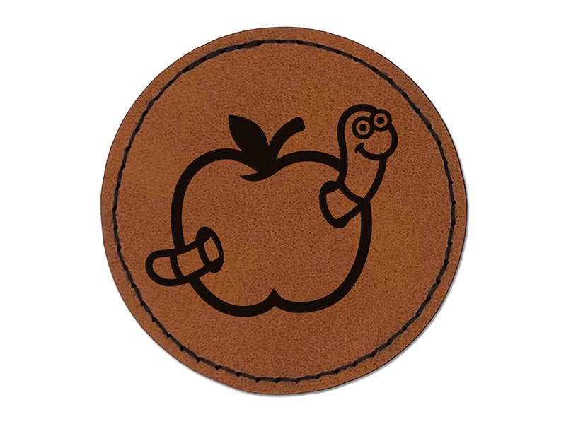 Worm in Apple Round Iron-On Engraved Faux Leather Patch Applique - 2.5"