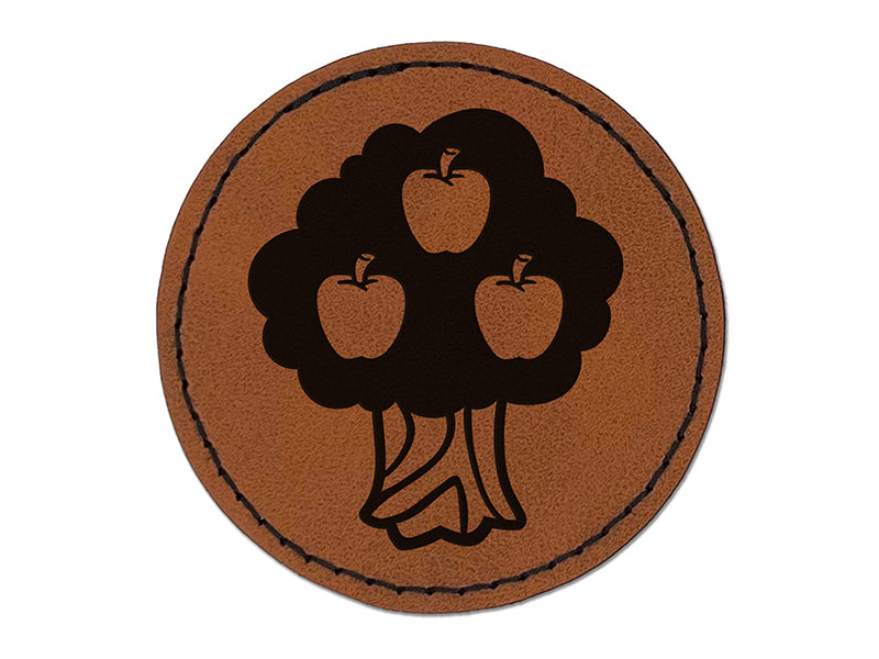 Apple Tree Fall Autumn Round Iron-On Engraved Faux Leather Patch Applique - 2.5"