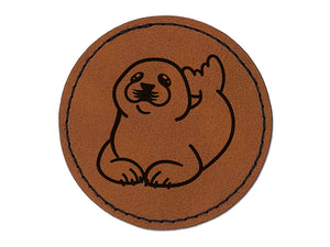 Baby Harp Seal Round Iron-On Engraved Faux Leather Patch Applique - 2.5"