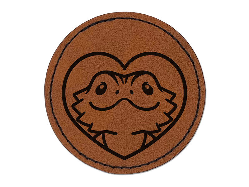 Bearded Dragon Lizard Inside of Heart Round Iron-On Engraved Faux Leather Patch Applique - 2.5"