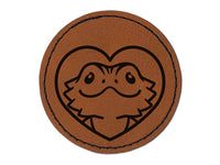 Bearded Dragon Lizard Inside of Heart Round Iron-On Engraved Faux Leather Patch Applique - 2.5"