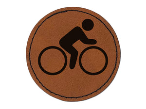 Biking Cycling Bicycle Bike Icon Round Iron-On Engraved Faux Leather Patch Applique - 2.5"