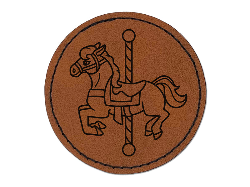 Carousel Horse Carnival Amusement Park Round Iron-On Engraved Faux Leather Patch Applique - 2.5"