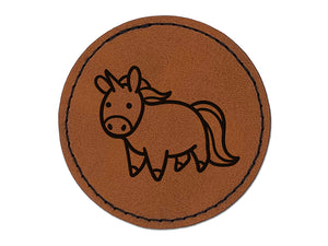 Chibi Unicorn Standing Round Iron-On Engraved Faux Leather Patch Applique - 2.5"