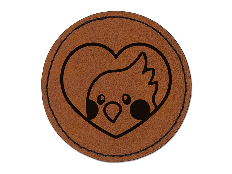 Cockatiel Bird Inside of Heart Round Iron-On Engraved Faux Leather Patch Applique - 2.5"