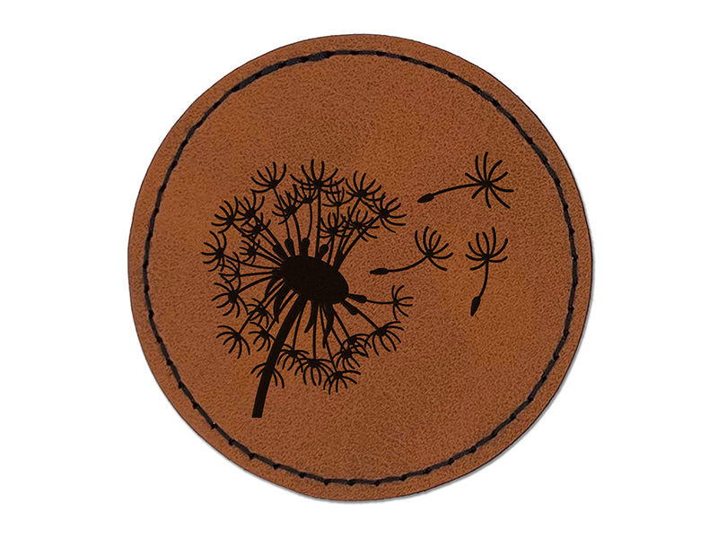Dandelion Blowing in Wind Round Iron-On Engraved Faux Leather Patch Applique - 2.5"