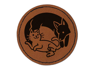 Dog and Cat Chasing in a Circle Round Iron-On Engraved Faux Leather Patch Applique - 2.5"