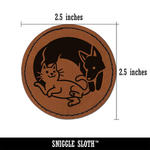 Dog and Cat Chasing in a Circle Round Iron-On Engraved Faux Leather Patch Applique - 2.5"