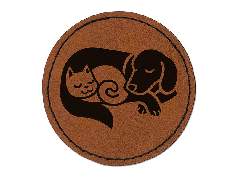Dog and Cat Sleeping Round Iron-On Engraved Faux Leather Patch Applique - 2.5"