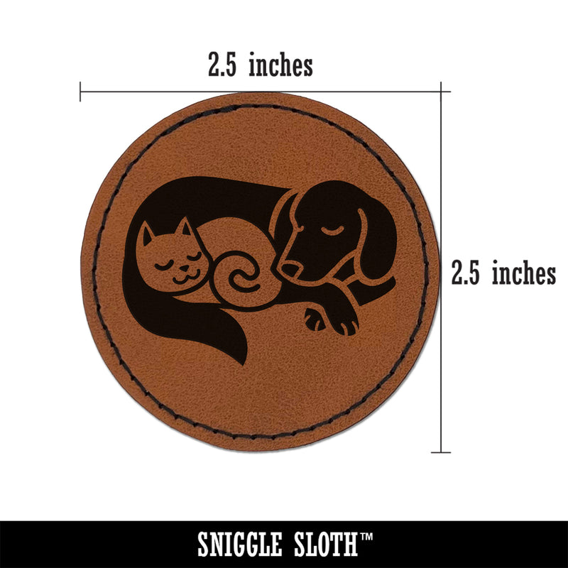 Dog and Cat Sleeping Round Iron-On Engraved Faux Leather Patch Applique - 2.5"