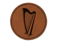 Harp String Instrument Round Iron-On Engraved Faux Leather Patch Applique - 2.5"