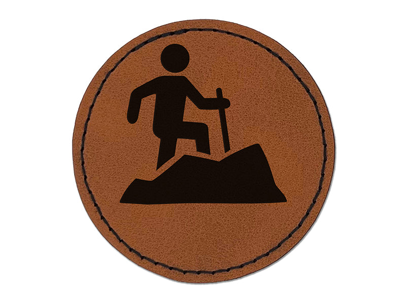 Hiker Hiking up Mountain Icon Round Iron-On Engraved Faux Leather Patch Applique - 2.5"