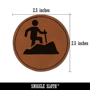 Hiker Hiking up Mountain Icon Round Iron-On Engraved Faux Leather Patch Applique - 2.5"