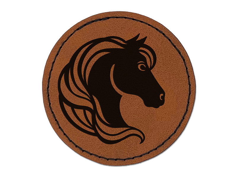 Horse Head Flowing Mane Stallion Round Iron-On Engraved Faux Leather Patch Applique - 2.5"