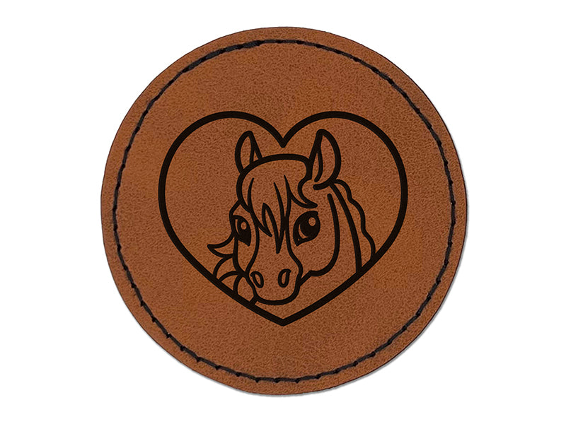 Horse Inside of Heart Round Iron-On Engraved Faux Leather Patch Applique - 2.5"