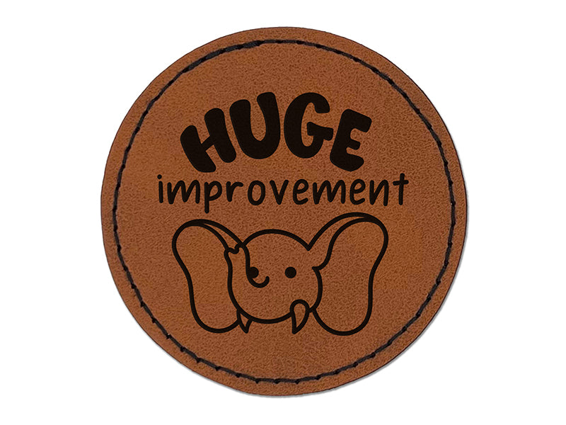 Huge Improvement Elephant Teacher Student Round Iron-On Engraved Faux Leather Patch Applique - 2.5"
