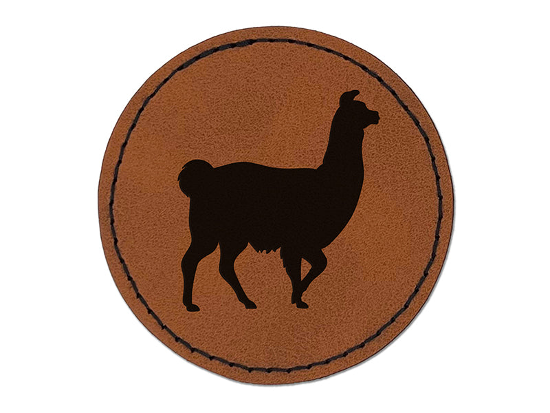 Llama Silhouette Round Iron-On Engraved Faux Leather Patch Applique - 2.5"
