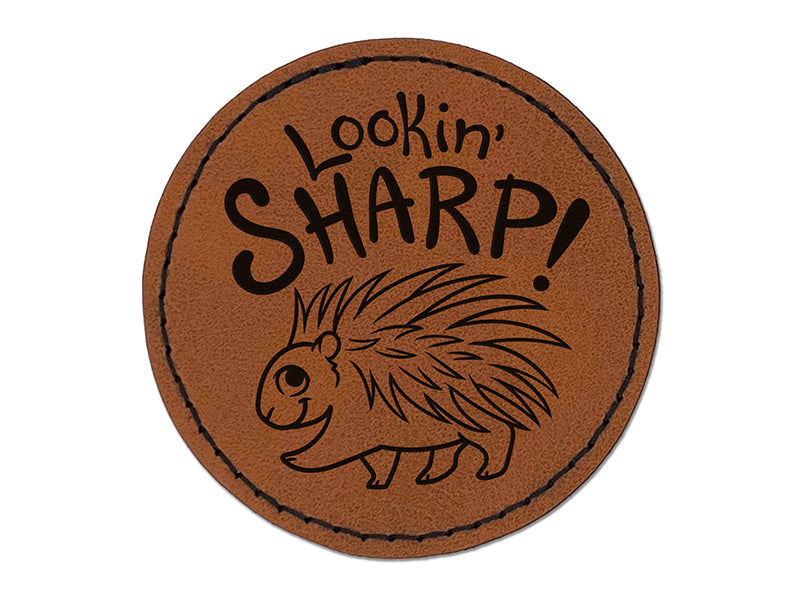 Lookin' Sharp Porcupine Teacher Student Round Iron-On Engraved Faux Leather Patch Applique - 2.5"