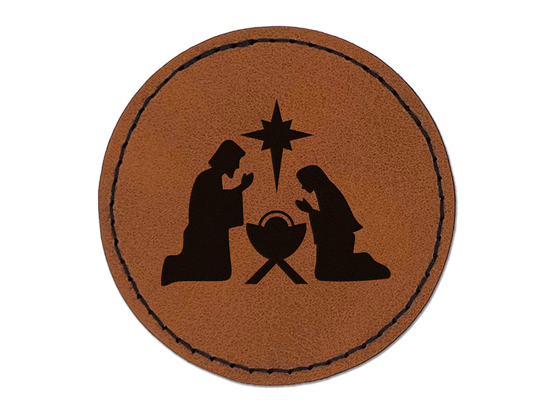 Nativity Scene Silhouette Christmas Baby Jesus Christianity Religious Round Iron-On Engraved Faux Leather Patch Applique - 2.5"