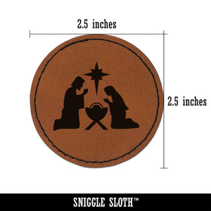 Nativity Scene Silhouette Christmas Baby Jesus Christianity Religious Round Iron-On Engraved Faux Leather Patch Applique - 2.5"