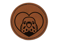 Parakeet Budgie Bird Inside of Heart Round Iron-On Engraved Faux Leather Patch Applique - 2.5"