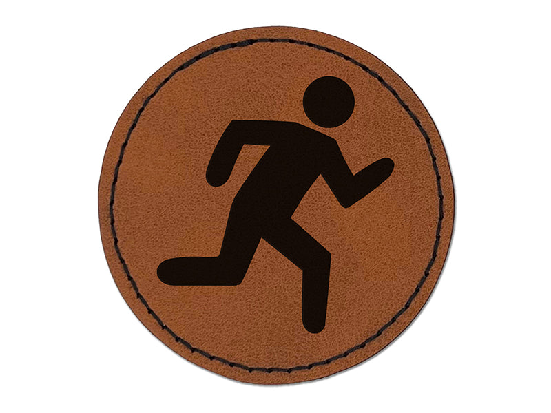 Running Icon Marathon Runner Round Iron-On Engraved Faux Leather Patch Applique - 2.5"