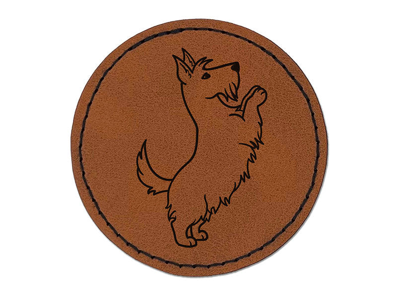 Scottish Terrier Dog Begging Round Iron-On Engraved Faux Leather Patch Applique - 2.5"