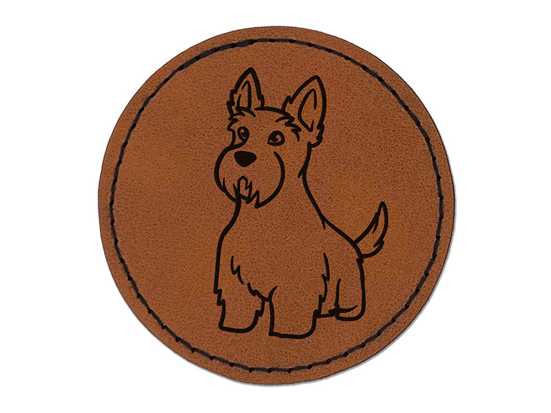 Scottish Terrier Dog Sitting Round Iron-On Engraved Faux Leather Patch Applique - 2.5"