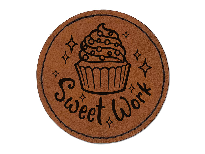 Sweet Work Cupcake Teacher Student Round Iron-On Engraved Faux Leather Patch Applique - 2.5"