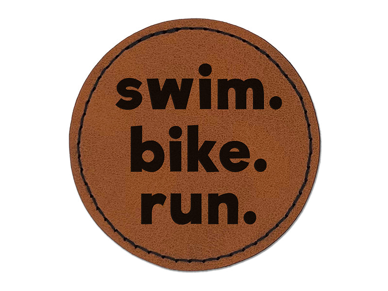 Swim Bike Run Words Triathlon Round Iron-On Engraved Faux Leather Patch Applique - 2.5"
