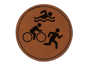 Triathlon Icons Swim Bike Run Round Iron-On Engraved Faux Leather Patch Applique - 2.5"