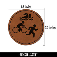 Triathlon Icons Swim Bike Run Round Iron-On Engraved Faux Leather Patch Applique - 2.5"