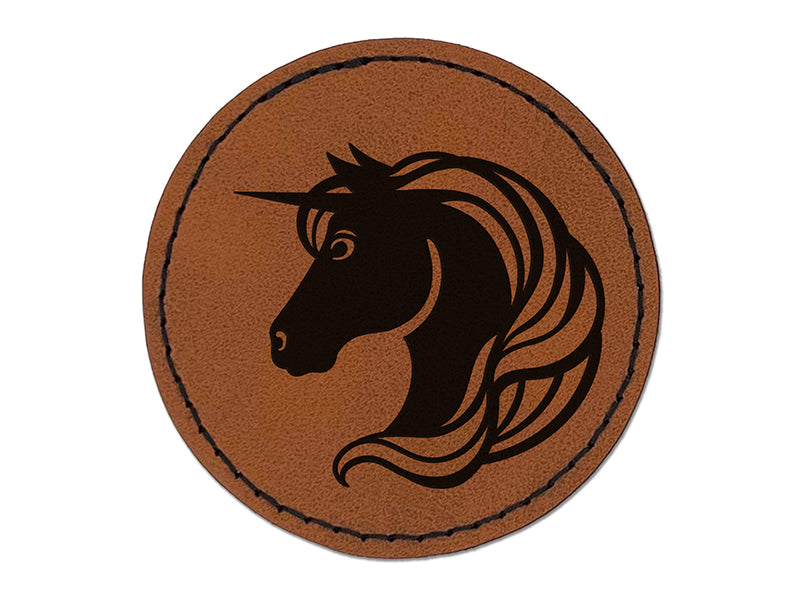Unicorn Head Flowing Mane Round Iron-On Engraved Faux Leather Patch Applique - 2.5"