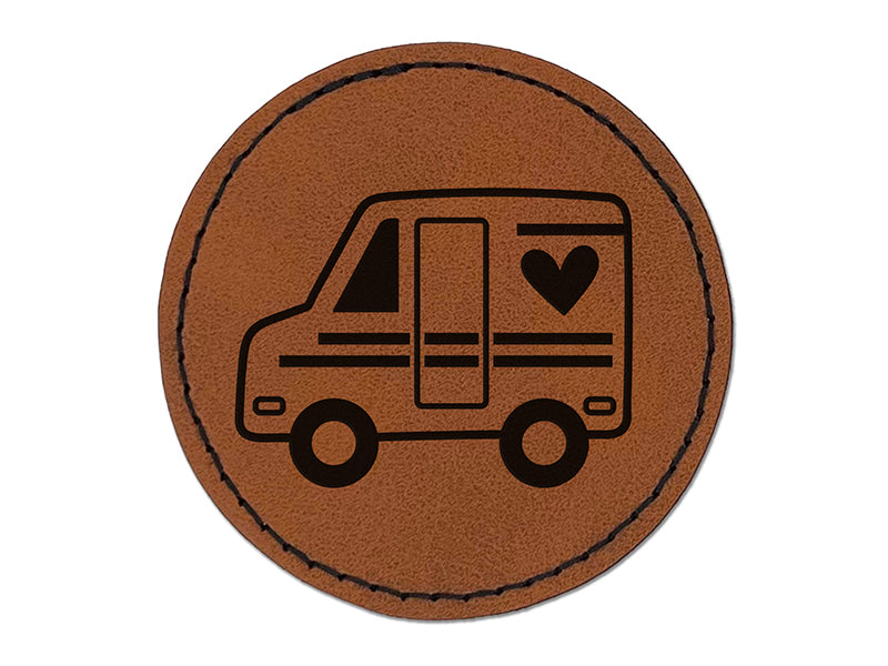 Mail Shipping Delivery Truck with Heart Round Iron-On Engraved Faux Leather Patch Applique - 2.5"