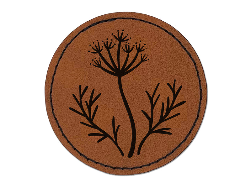 Blooming Dill Weed Plant Round Iron-On Engraved Faux Leather Patch Applique - 2.5"