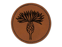 Cornflower Bachelor's Button Bloom Round Iron-On Engraved Faux Leather Patch Applique - 2.5"