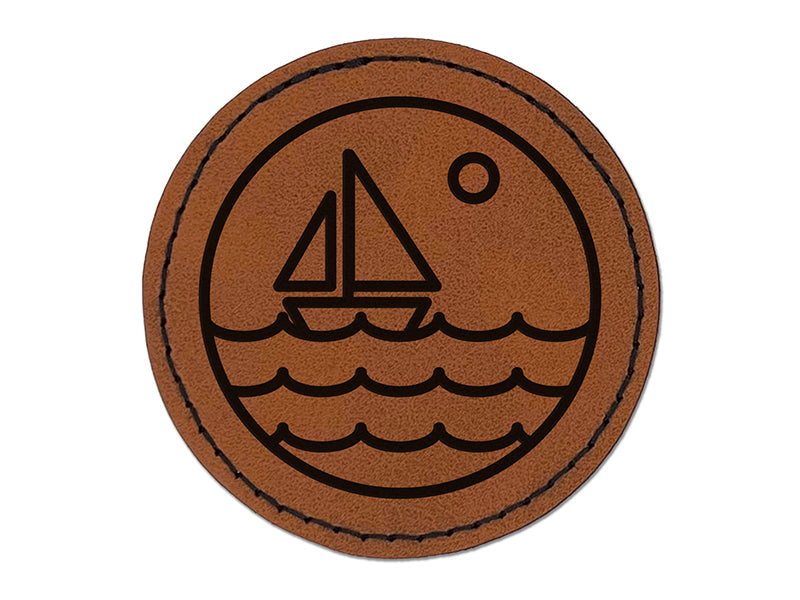 Sailboat on Ocean Lake Round Iron-On Engraved Faux Leather Patch Applique - 2.5"